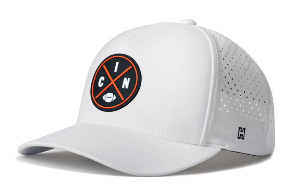White 5-panel performance football hat with front team logo patch and snapback brim