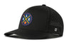 Black 5-panel snapback hat with circular team logo patch and perforated side mesh.