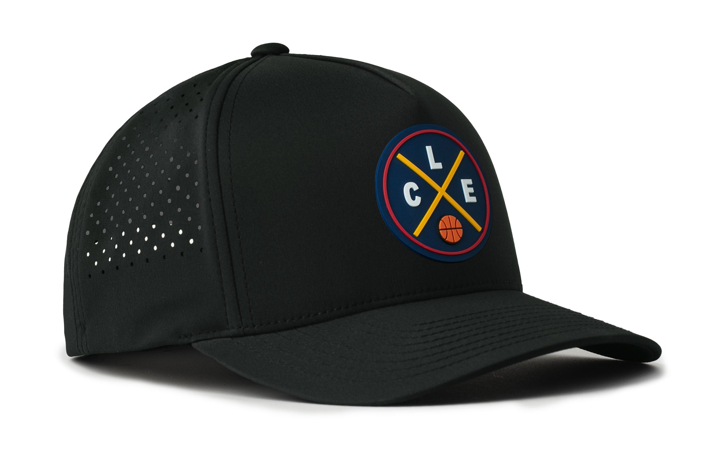 Black 5-panel snapback hat with circular team logo patch and perforated side panel.