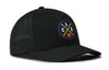 Black 5-panel snapback hat with circular team logo patch and perforated side panel.