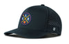 Navy 5-panel snapback hat with circular team logo patch and perforated side mesh.