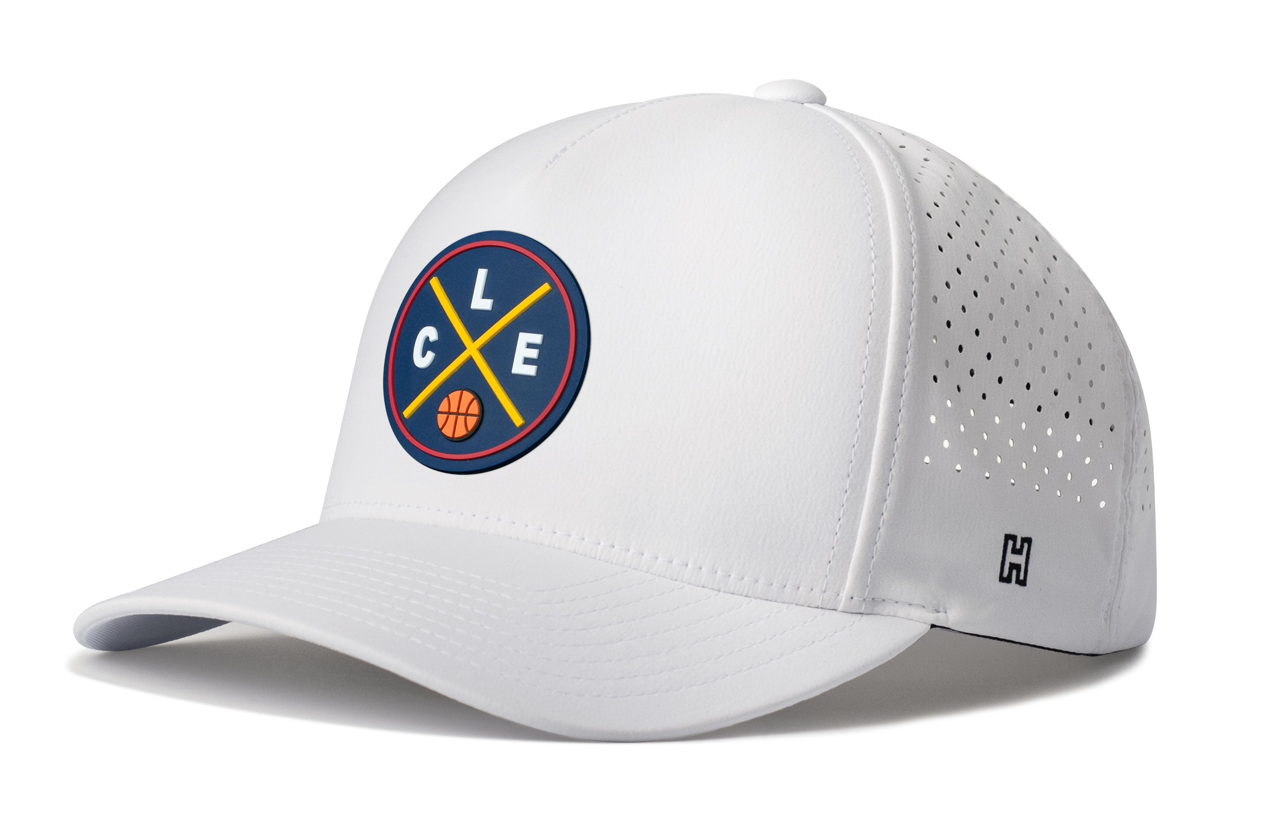 White 5-panel basketball performance snapback hat with mesh back and circular team logo.