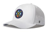 White 5-panel basketball performance snapback hat with mesh back and circular team logo.