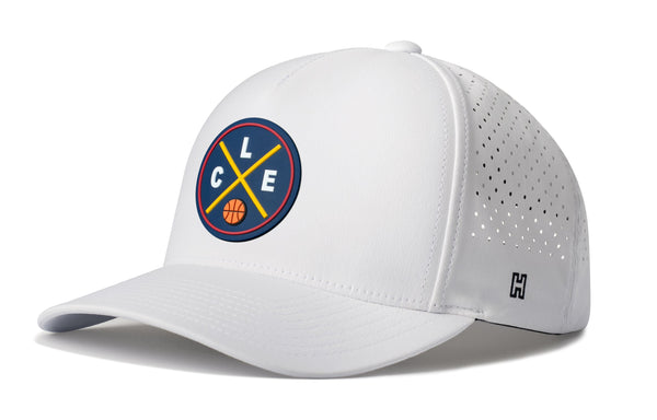 White 5-panel basketball performance snapback hat with mesh back and circular team logo.