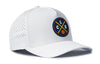 White 5-panel snapback hat with circular team logo patch and perforated side panel.