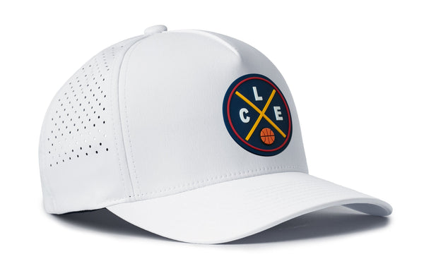 White 5-panel snapback hat with circular team logo patch and perforated side panel.
