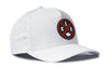 White 5-panel snapback hat with perforated detail on the side and circular logo patch