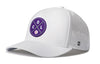 White 5-panel baseball cap with purple circular logo and perforated side panels
