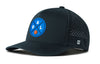 Navy 5-panel performance snapback hat with mesh side perforations and logo patch