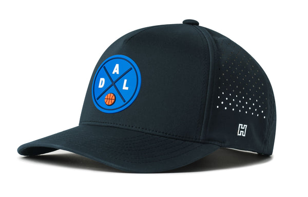 Navy 5-panel performance snapback hat with mesh side perforations and logo patch