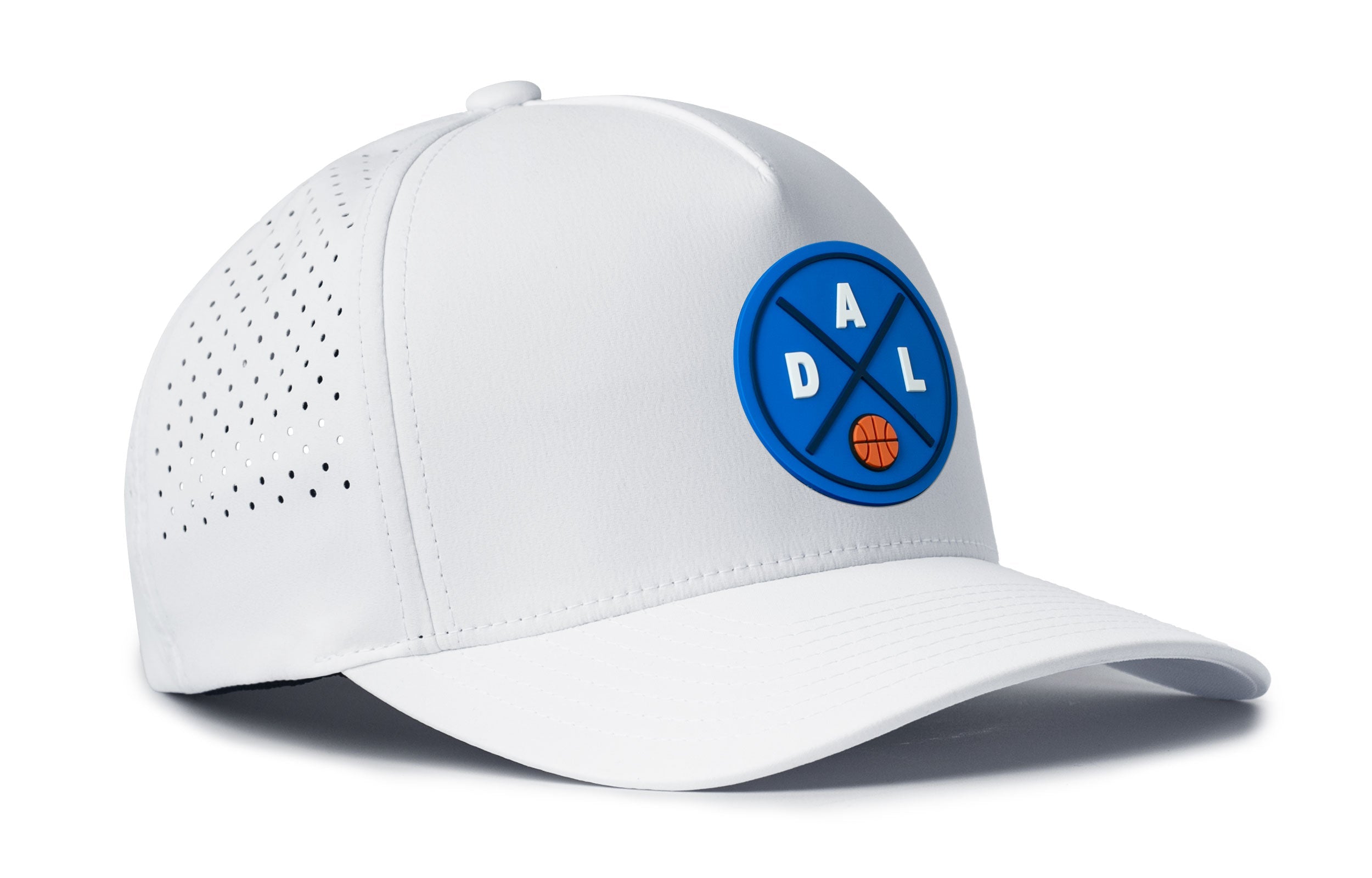 White 5-panel performance snapback hat with blue logo patch and perforated side
