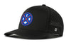 Black 5-panel snapback performance cap with circular Denver logo and perforated side panel