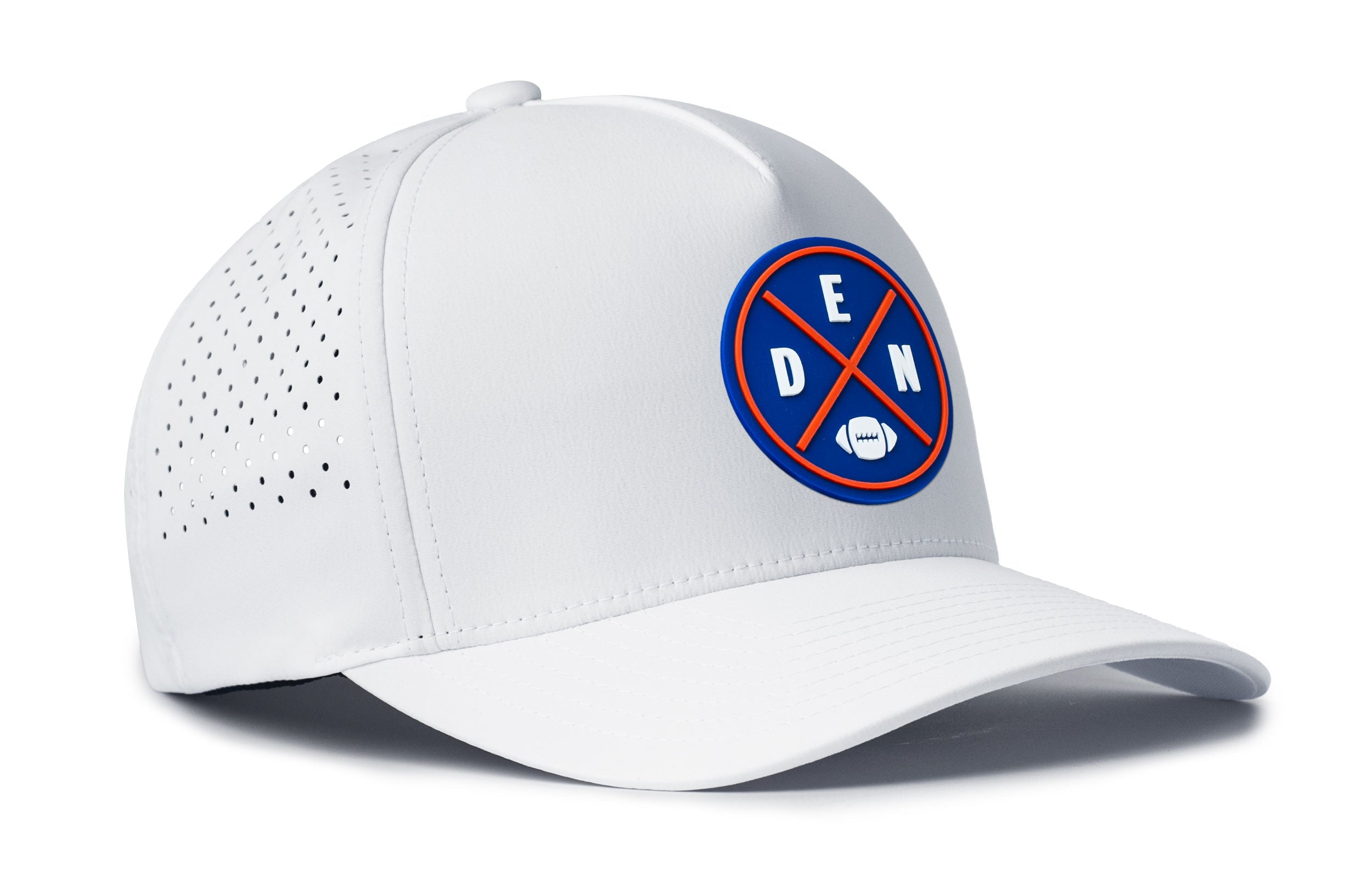 White 5-panel snapback performance cap with Denver circular logo and perforated panel