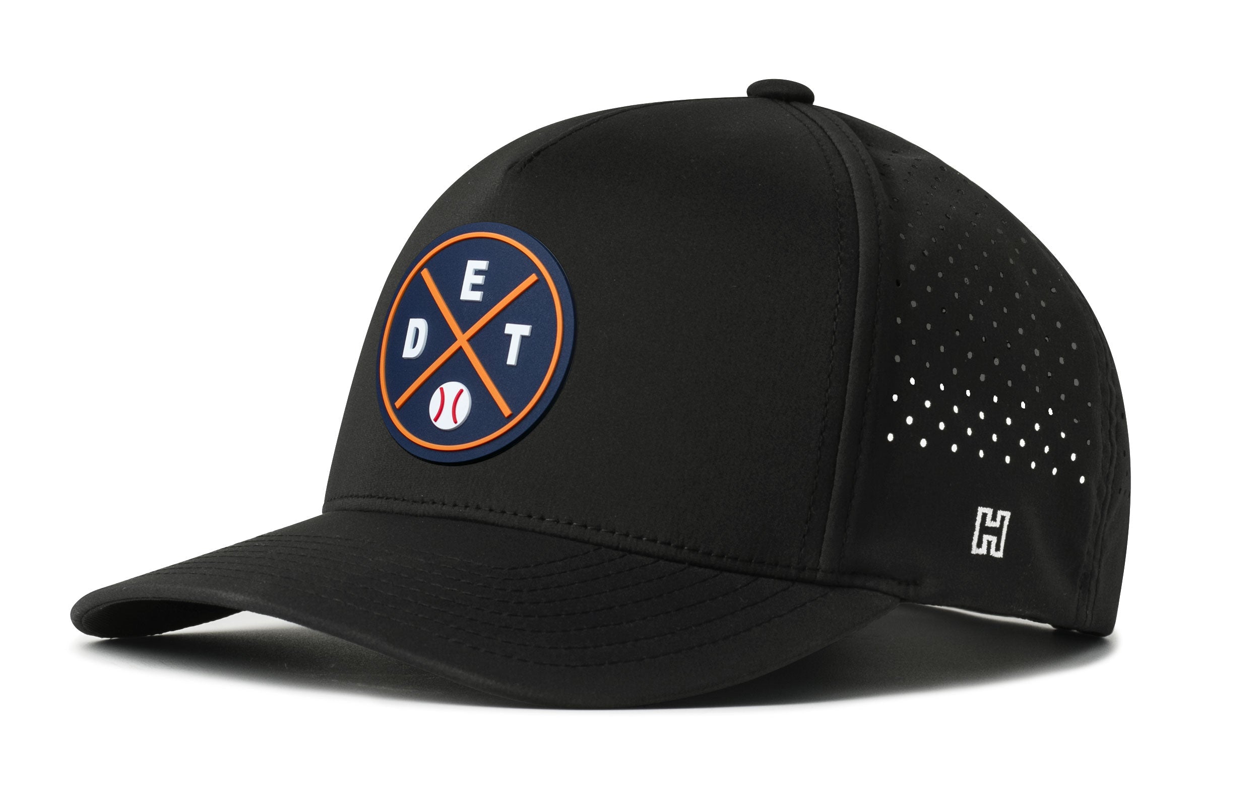 Black 5-panel baseball cap with front Detroit-style logo and perforated side panels