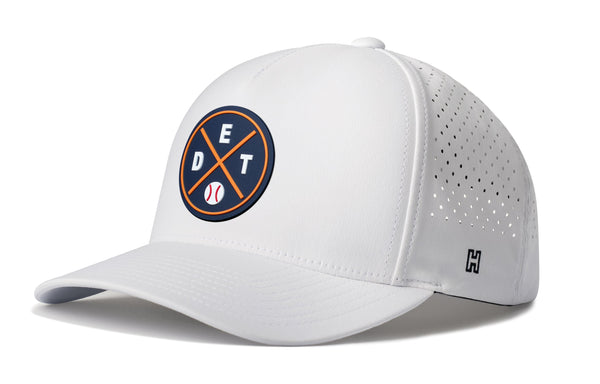 White 5-panel baseball cap with front Detroit-style logo and perforated side panels