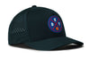 Navy 5-panel performance hat with curved brim, logo patch, and small perforation pattern