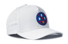 White 5-panel performance hat with curved brim, logo patch, and perforated side panel detail