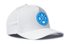 White 5-panel performance snapback hat with circular DET X logo and perforated side