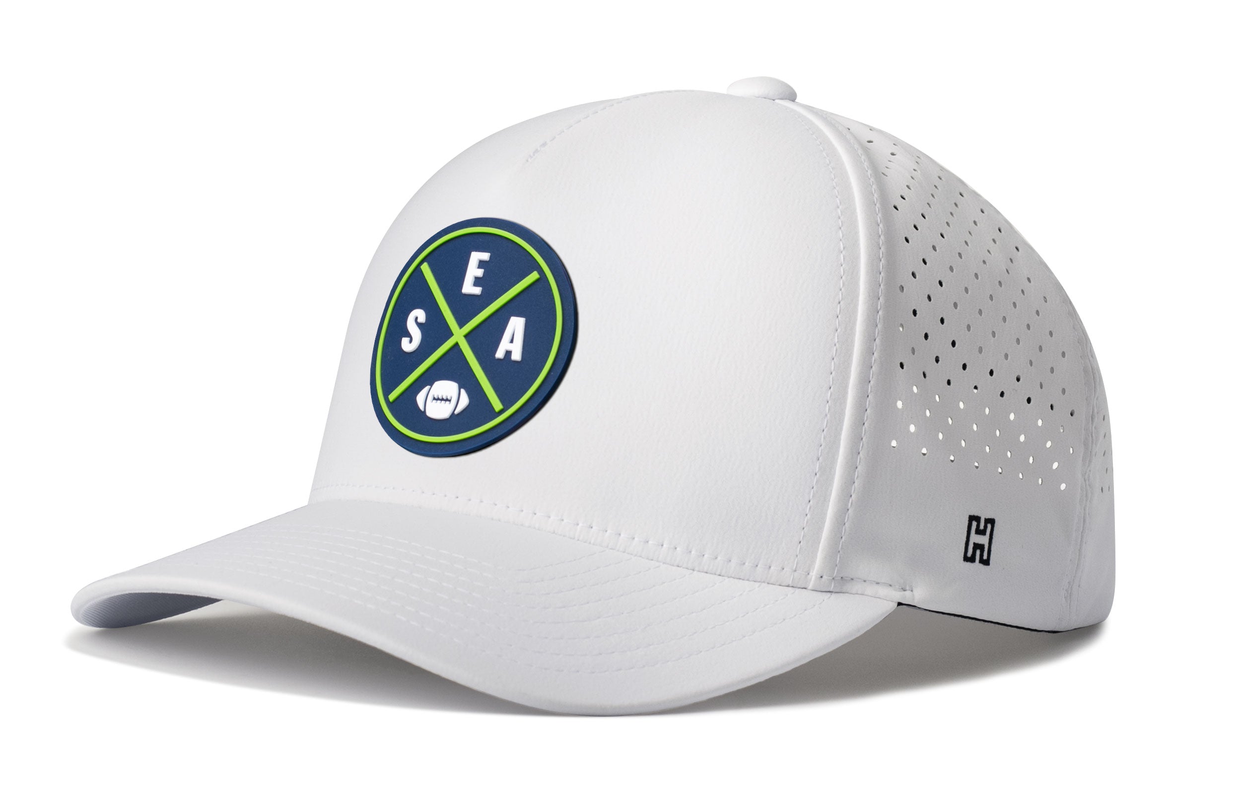 White 5-panel performance cap with SEA X A logo patch, perforated side and H mark