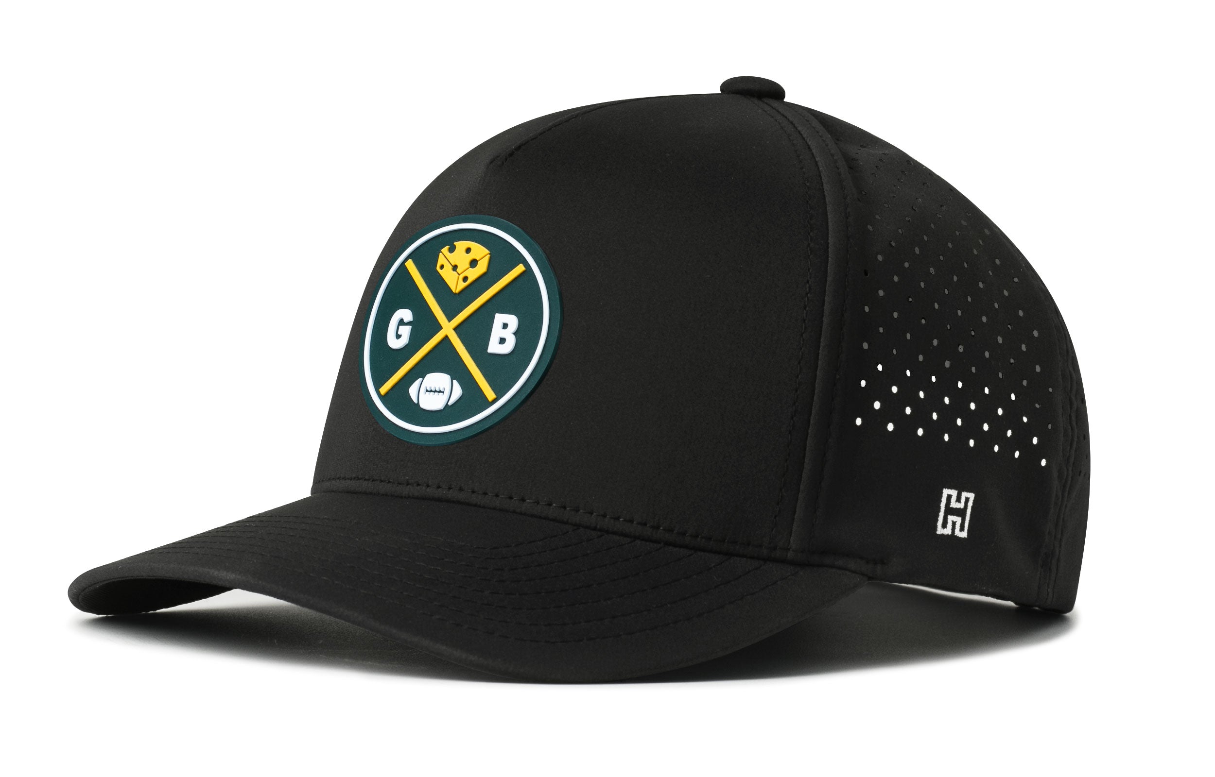 Black performance 5-panel snapback hat with front team logo patch and perforated side.