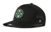 Black performance 5-panel snapback hat with front team logo patch and perforated side.