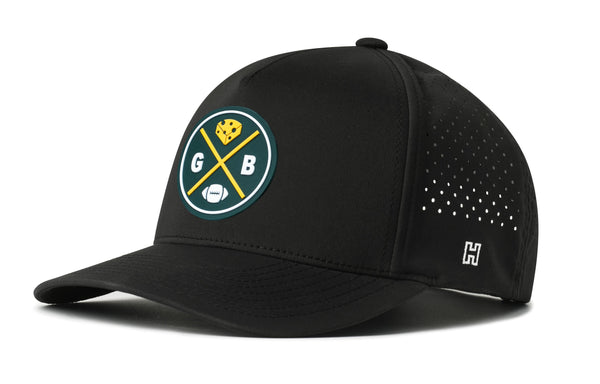 Black performance 5-panel snapback hat with front team logo patch and perforated side.