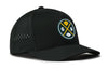 Black performance 5-panel snapback hat with side vent pattern and team logo patch.