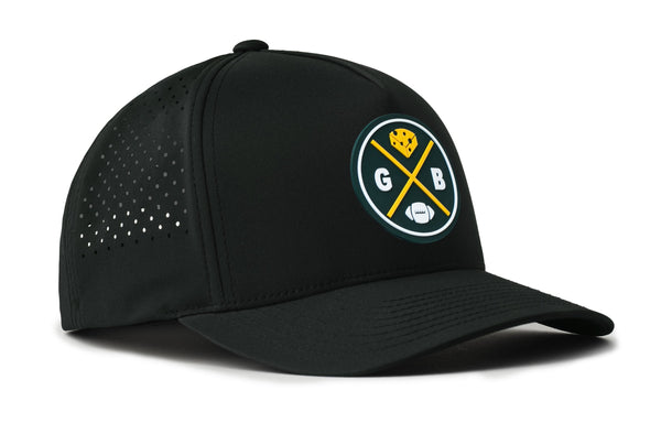 Black performance 5-panel snapback hat with side vent pattern and team logo patch.