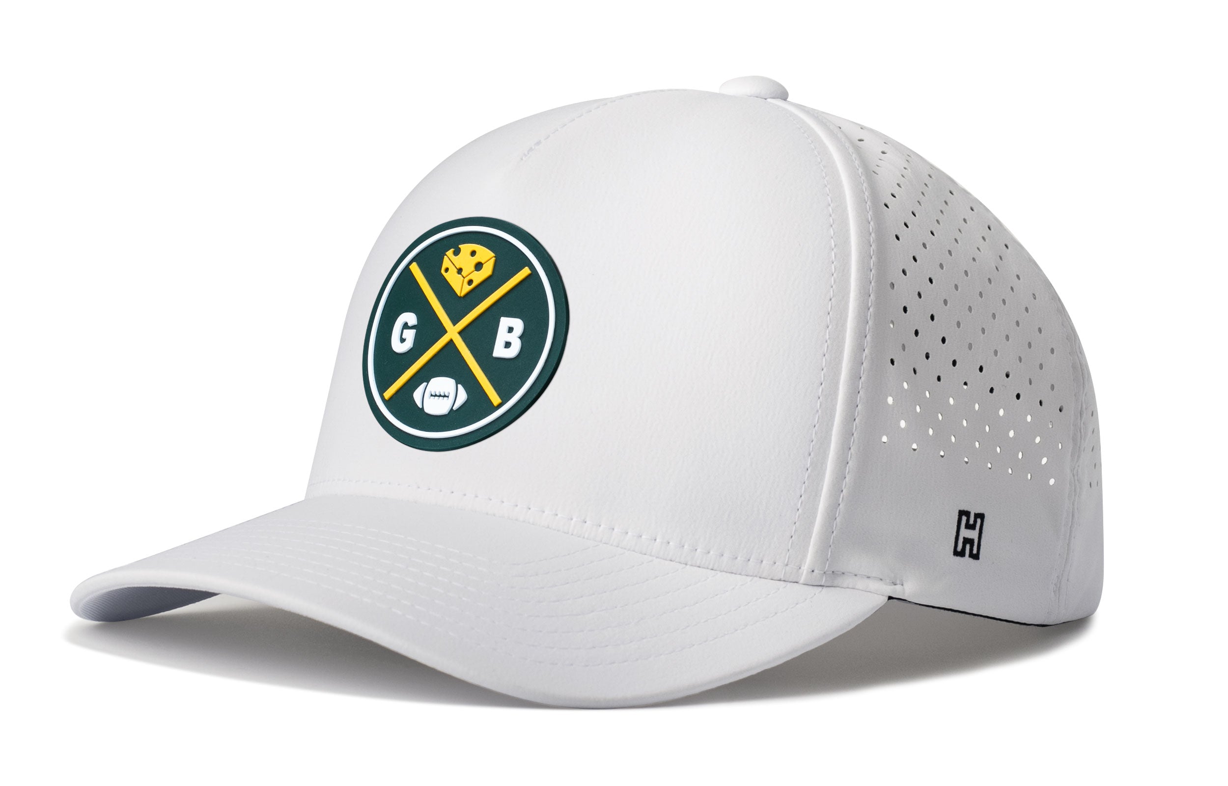 White performance 5-panel snapback hat with front team logo patch and vented side.