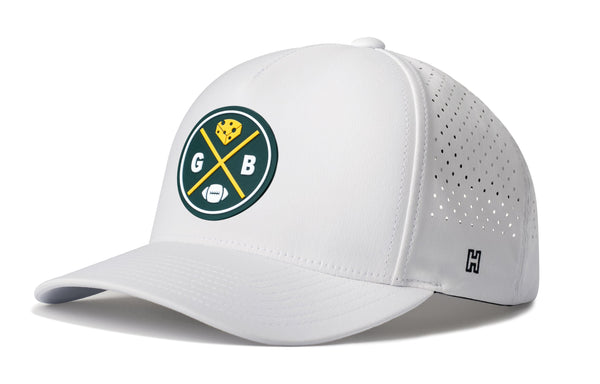 White performance 5-panel snapback hat with front team logo patch and vented side.