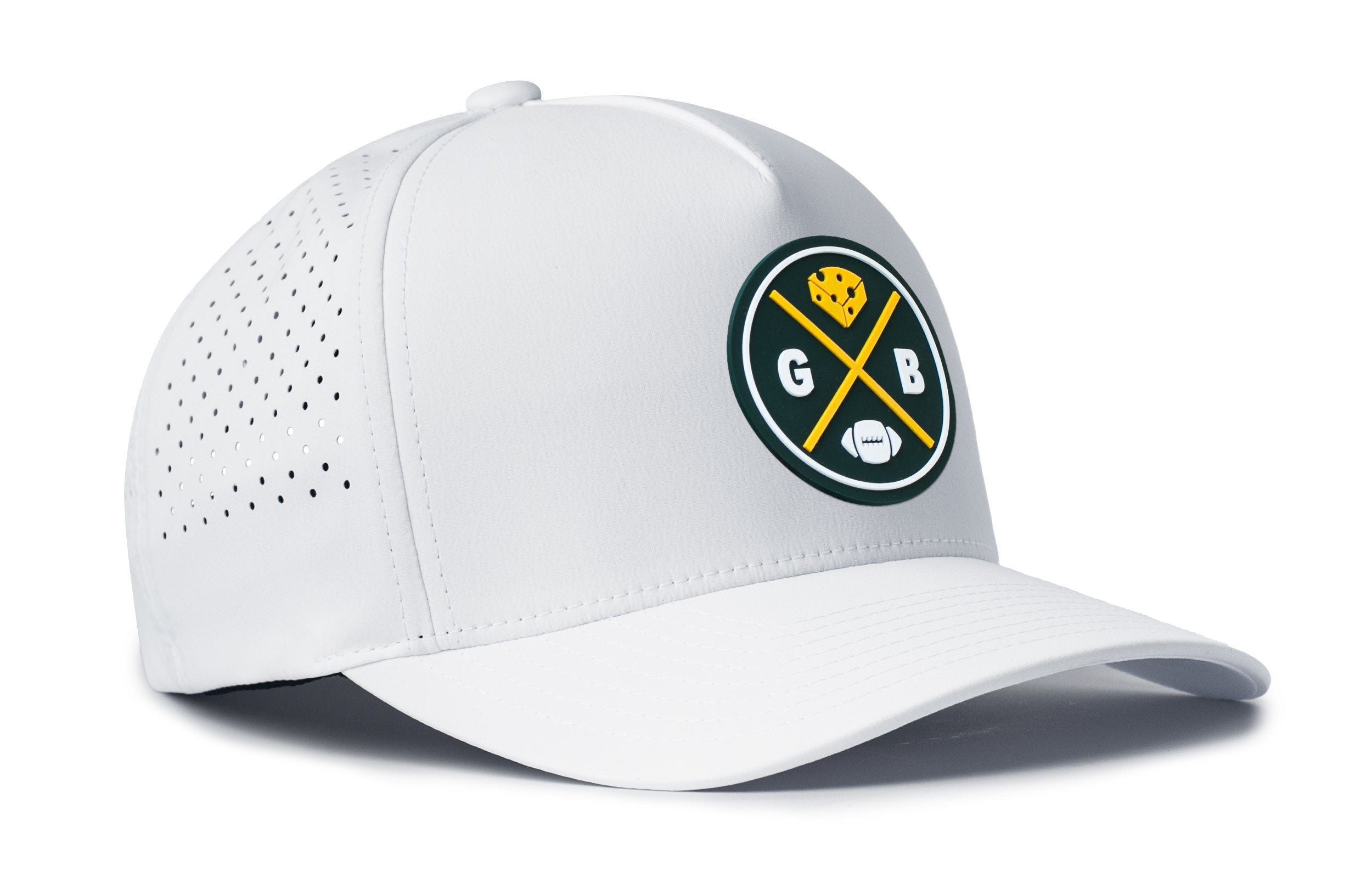 White performance 5-panel snapback hat with side vent pattern and team logo patch.