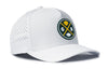 White performance 5-panel snapback hat with side vent pattern and team logo patch.