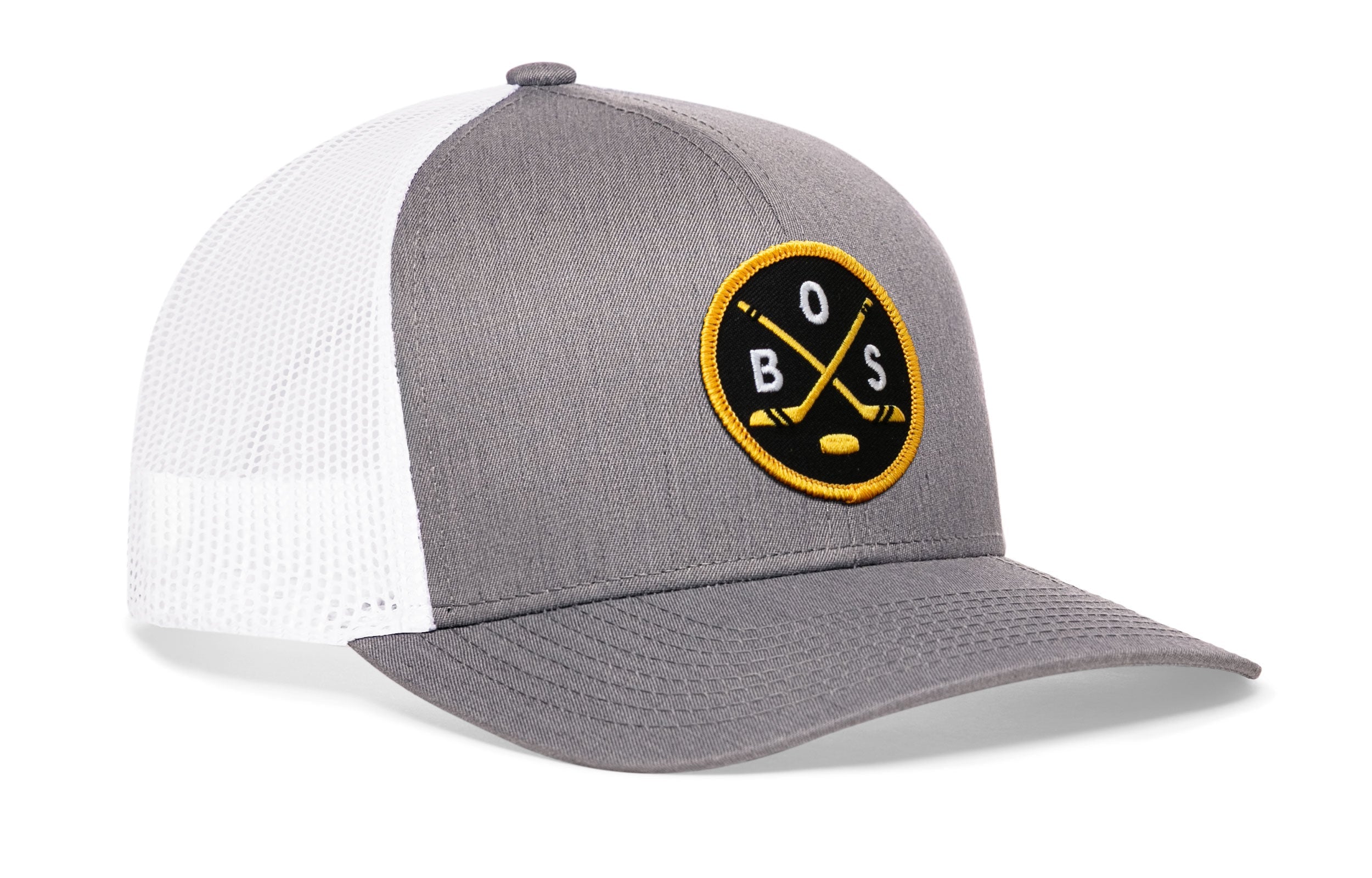 Two-tone gray and white hockey trucker hat with snapback, front patch logo and mesh back