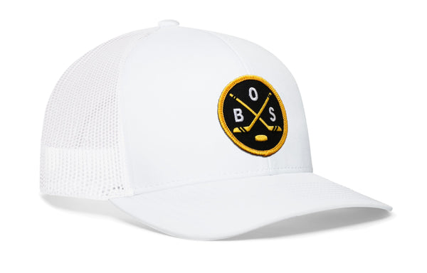 White hockey trucker hat with snapback, round patch logo and mesh side panels