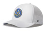 White 5-panel performance snapback hat with circular logo patch and perforated side vents