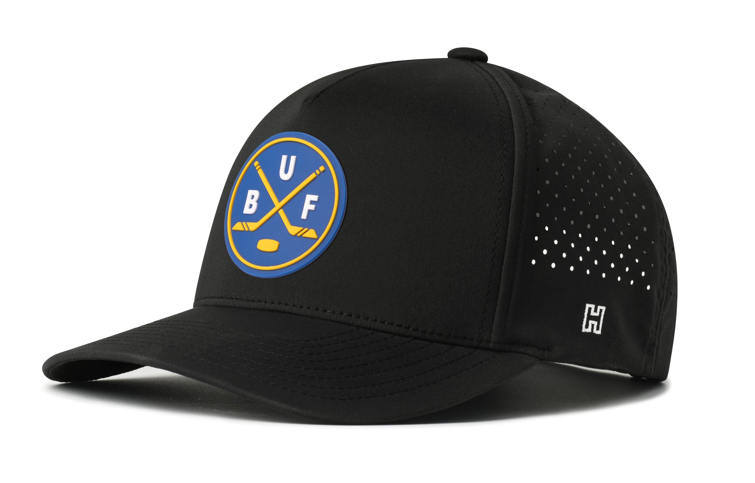 Black 5-panel performance snapback hat with circular logo patch and perforated side vents