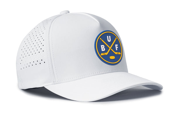 White 5-panel snapback hat with front logo patch and perforated side panels