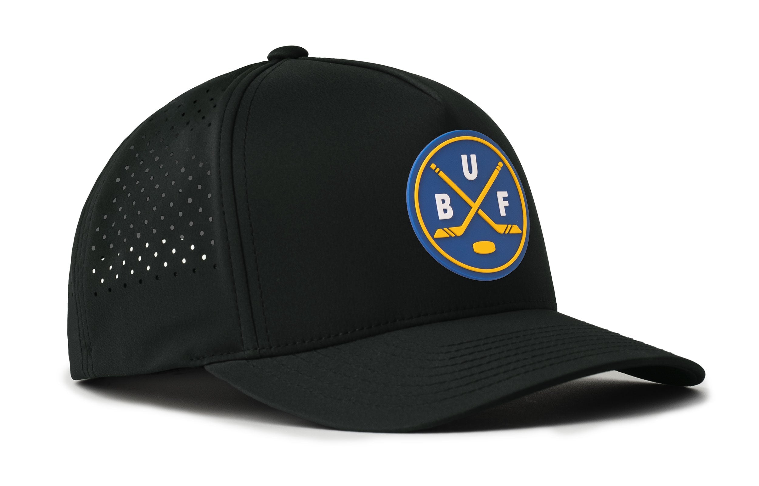 Black 5-panel snapback hat with logo patch, perforated side panels, curved brim