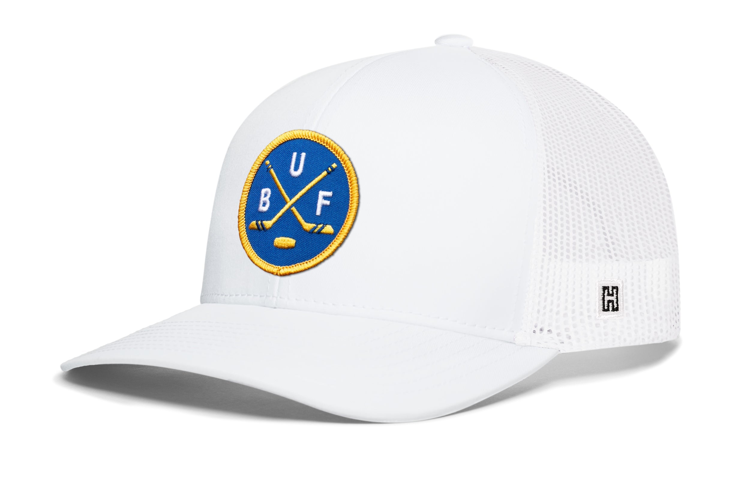 White Buffalo hockey trucker hat with snapback, mesh back, round team patch logo