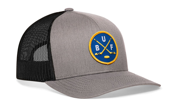 Gray Buffalo hockey trucker hat with snapback, black mesh back, front round patch
