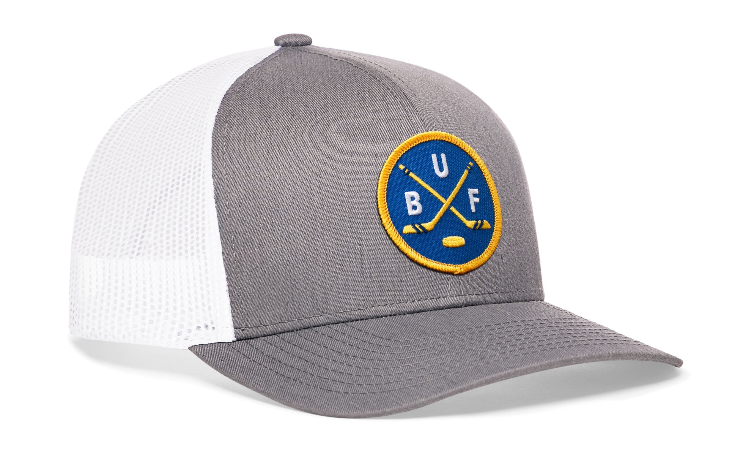 Gray-and-white Buffalo hockey trucker hat with snapback, front round patch logo