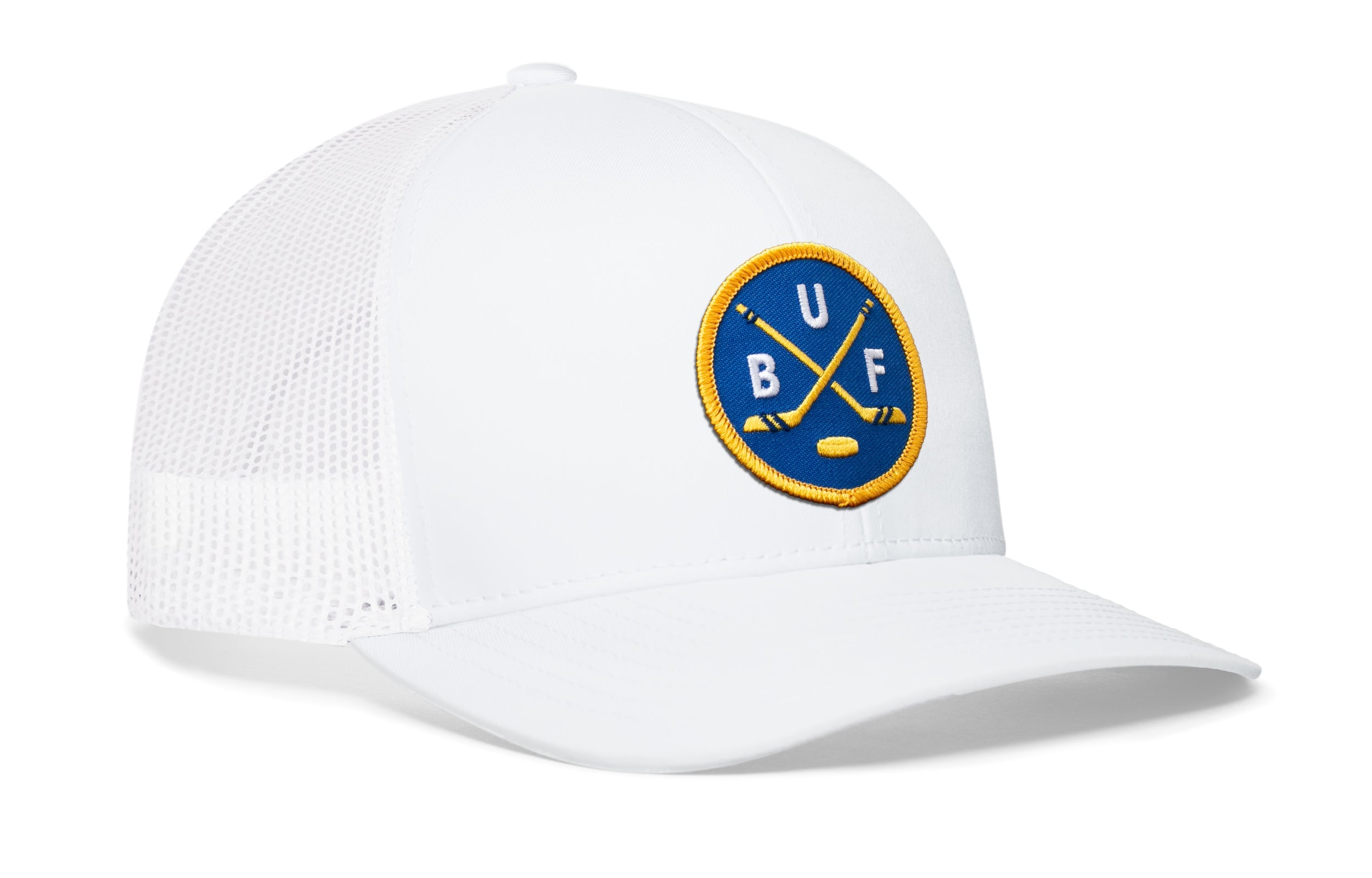 White Buffalo hockey trucker hat with snapback, front round patch logo, mesh back