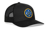 Black Buffalo hockey trucker hat with snapback, front round patch logo, mesh sides