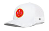 White trucker snapback hat with circular “CGY” patch and front mesh side panels.