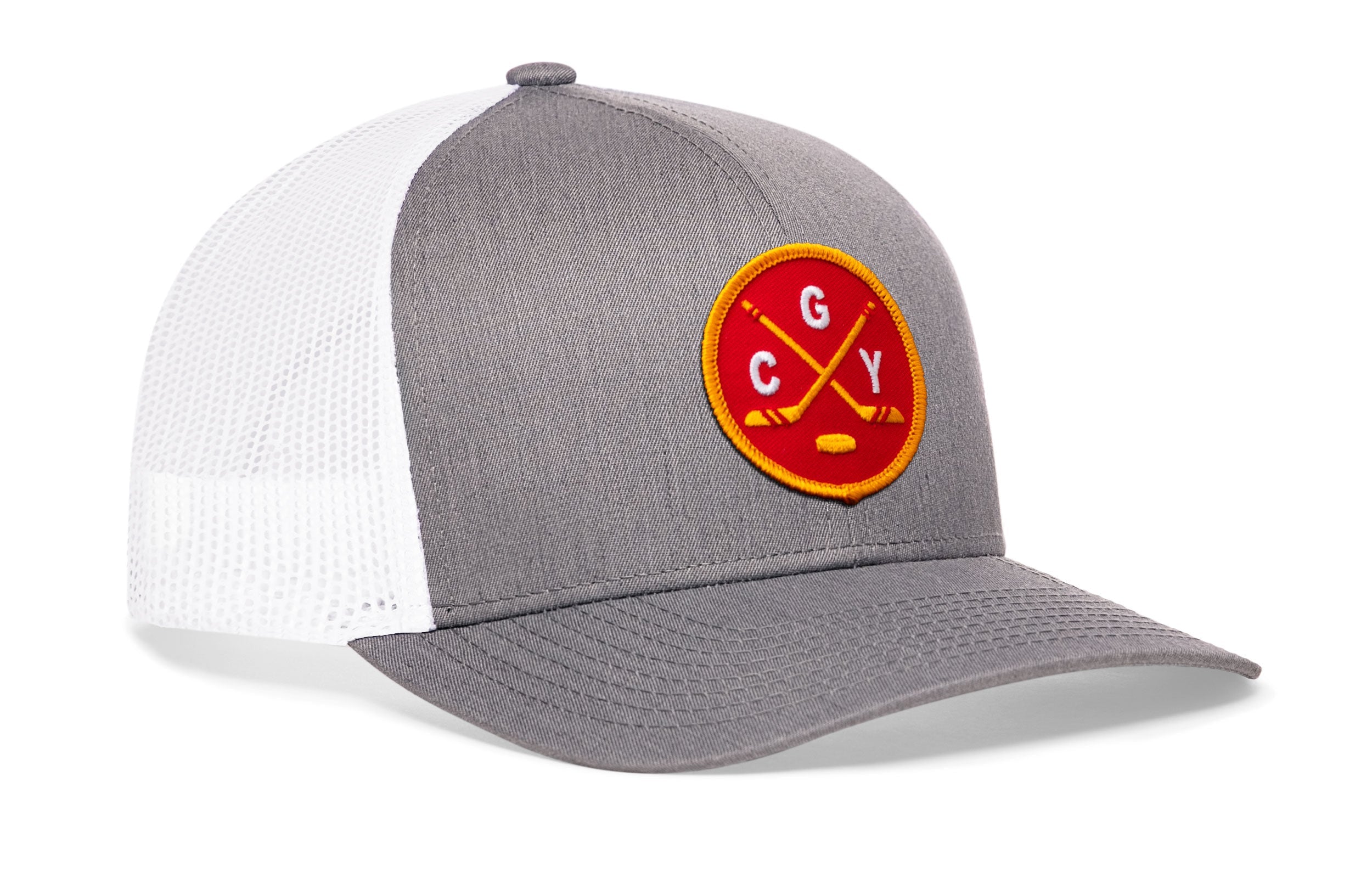 Gray trucker hat with circular “CGY” patch, white mesh side panels, curved brim.