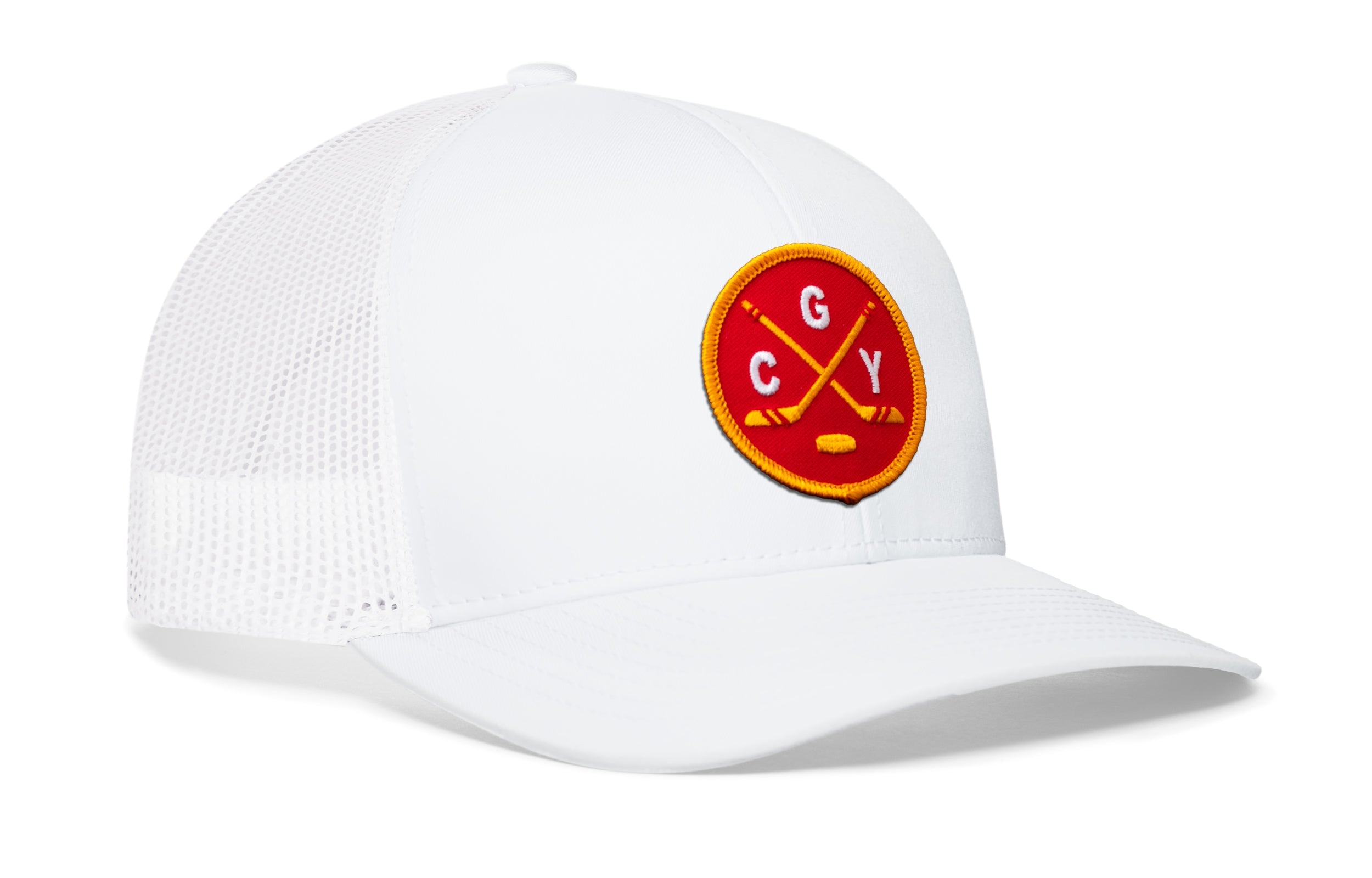 White trucker hat with circular “CGY” patch, curved brim, and mesh side panels.