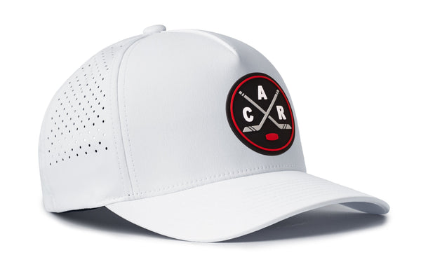White 5-panel performance hat, side view with ACR logo patch and perforated panel