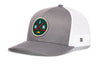 Gray and white trucker hat with round hockey logo patch, mesh back, and H side emblem.