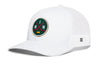 White trucker hat with round hockey logo patch, mesh back, and H side emblem, snapback.