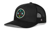 Black trucker hat with round hockey logo patch and mesh side panel, snapback closure.